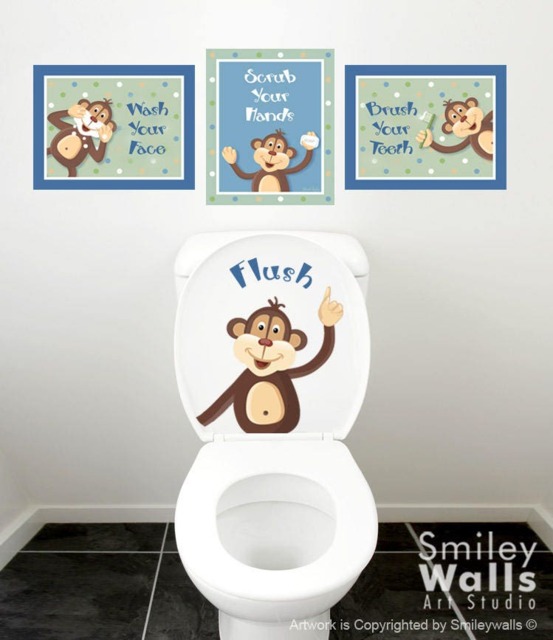 Kids Bathroom Wall Art, Monkeys Decal For Decor, Peek A Boo Prints, Door Sign - image 1