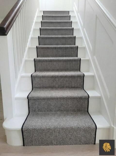 Whipped Edge Black & White Herringbone Faux Sisal Carpet Stair Runner - image 1