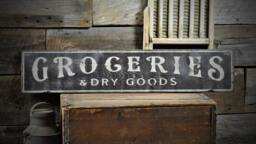 Groceries & Dry Goods Distressed Sign, Rustic Kitchen Wall Decor - thumbnail 1