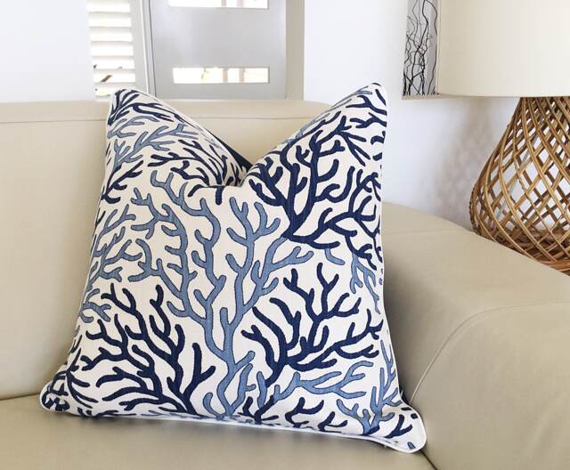 Navy Coral Print Cushion Cover Coastal Beach House Decor - image 1