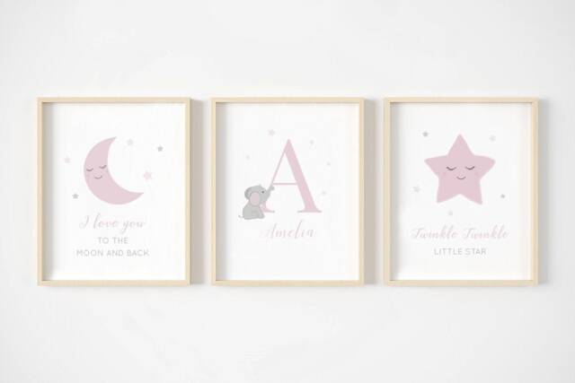 Personalised Name Baby Girl Print -Set Of 3, Elephant, Moon Stars Print, Nursery Prints, New Baby, Bedroom, Christening Gift, Sizes A3 A4 - image 1