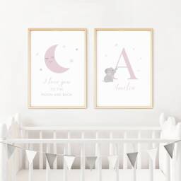 Personalised Name Baby Girl Print -Set Of 3, Elephant, Moon Stars Print, Nursery Prints, New Baby, Bedroom, Christening Gift, Sizes A3 A4 - thumbnail 3
