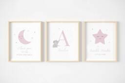 Personalised Name Baby Girl Print -Set Of 3, Elephant, Moon Stars Print, Nursery Prints, New Baby, Bedroom, Christening Gift, Sizes A3 A4 - thumbnail 1