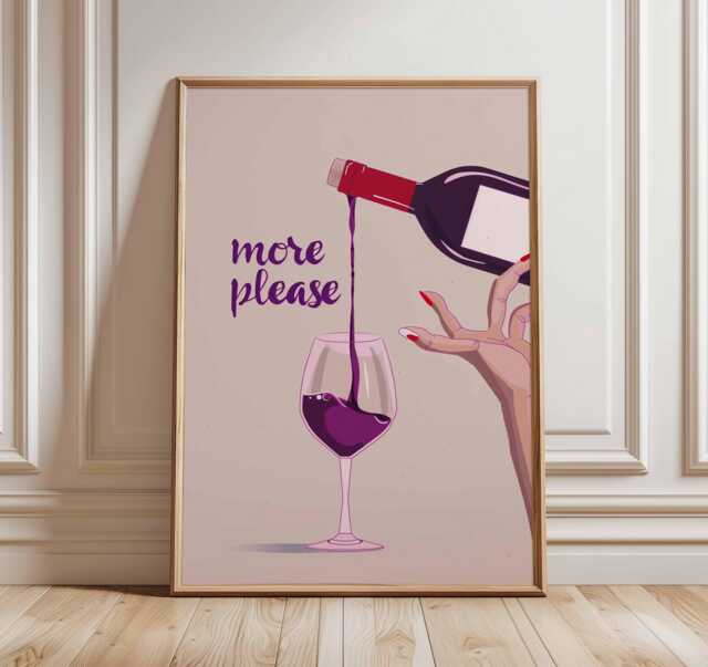 Wine Wall Art Print, Modern Bar Decor Poster, Red Illustration, Kitchen Dining Room Artwork, Fun Lover Gift, More Please Print - image 1
