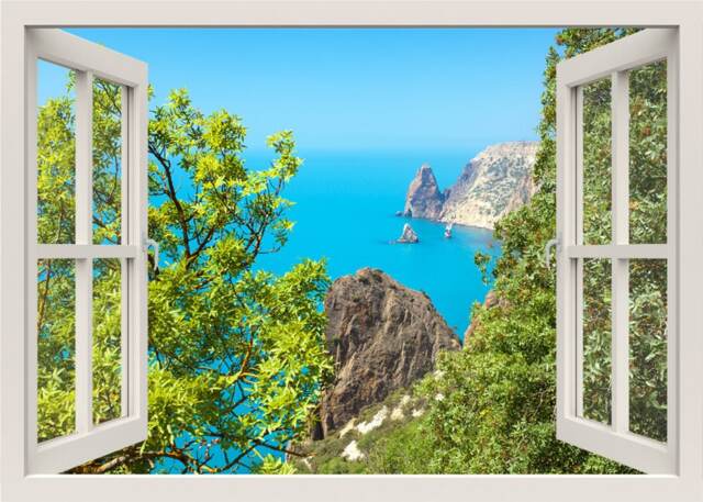 Sea View Wall Decal Mural, 3D Window Decal, Tropic Beach Sticker, Nature Bedroom Home Decor Living Room