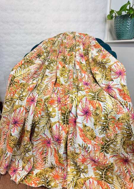 Kantha Stitch Pure Cotton Reversible Bed/Sofa Throw King Size - Handmade Handprinted Floral Dohar White Olive Orange Pink Tropical Jungle - image 1