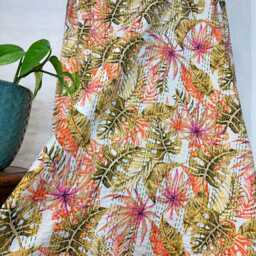 Kantha Stitch Pure Cotton Reversible Bed/Sofa Throw King Size - Handmade Handprinted Floral Dohar White Olive Orange Pink Tropical Jungle - thumbnail 2