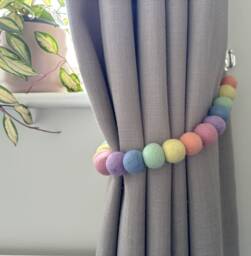 Pastel Rainbow Felt Ball Curtain Tie Backs - Pom Hold Custom Ties Nursery Decor Baby Gift Colourful Pull - thumbnail 1
