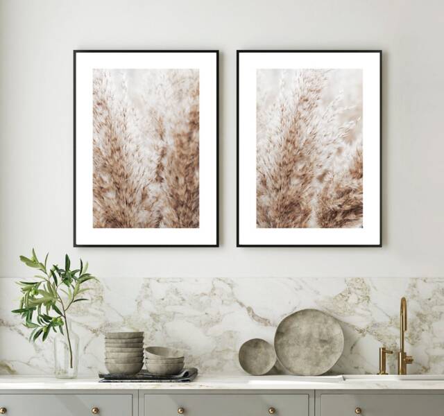 Set Of 2 Pampas Prints, Boho Decor, Wall Art, Bohemian Calming Wall Art, Neutral Living Room Print Set, Pampas Detail Brown - image 1