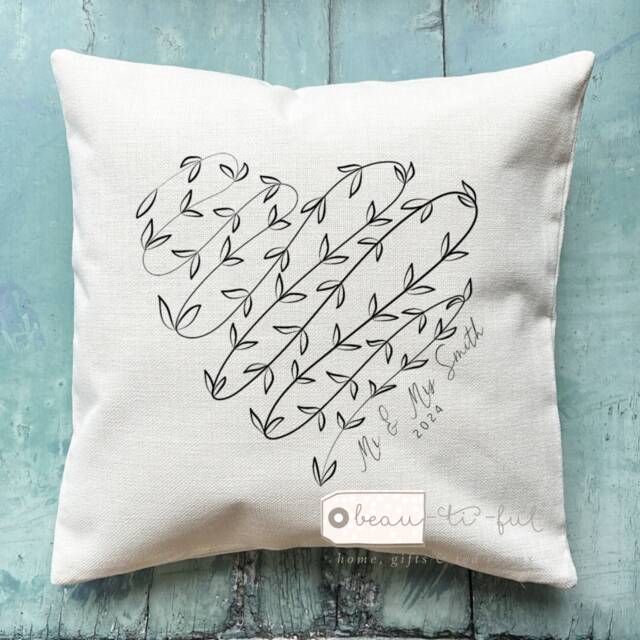Personalised Just Married Mr Mrs Wedding Gift Vine Heart Design Linen Style Cushion Cover Valentine's Day Newlywed
