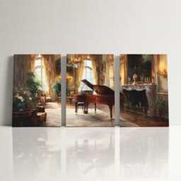 Grand Piano Recital 3 Panel Split Canvas Wall Art Romantic Elegant Candlelit Salon Classical Music Oil Painting Framed Home Decor - thumbnail 3