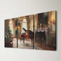 Grand Piano Recital 3 Panel Split Canvas Wall Art Romantic Elegant Candlelit Salon Classical Music Oil Painting Framed Home Decor - thumbnail 1