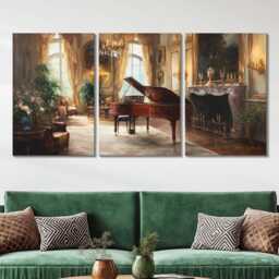 Grand Piano Recital 3 Panel Split Canvas Wall Art Romantic Elegant Candlelit Salon Classical Music Oil Painting Framed Home Decor - thumbnail 2