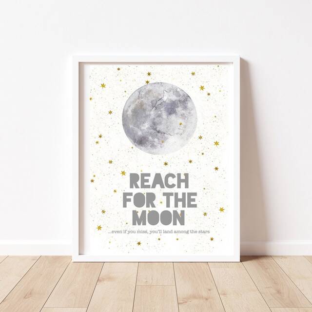 Reach For The Moon Nursery Print, Stars, Inspiring Childrens Art - image 1