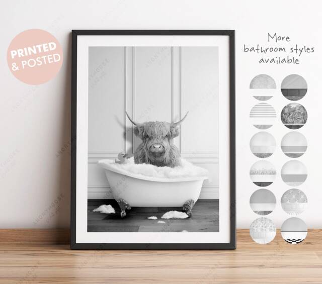 Black & White Scottish Highland Cattle in A Bathtub Print, Cow Bathing, Funny Bathroom Print, Animal Bathtub, Highland Tub Print - image 1
