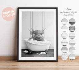 Black & White Scottish Highland Cattle in A Bathtub Print, Cow Bathing, Funny Bathroom Print, Animal Bathtub, Highland Tub Print - thumbnail 1