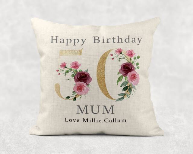 Personalized Birthday Pillow Gold Floral Linen Cushion For Mum/Grandma - image 1