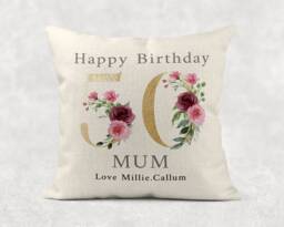 Personalised 50Th Birthday Pillow Gold Floral Linen Cushion For Mum/Grandma