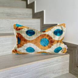 Velvet Ikat Pillow Cover Birds Bright - Decorative Cushion For Sofa Or Bed - thumbnail 1