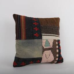 Vintage Turkish Kilim Pillow Cover Handwoven Wool Cushion - 16x16 - thumbnail 2