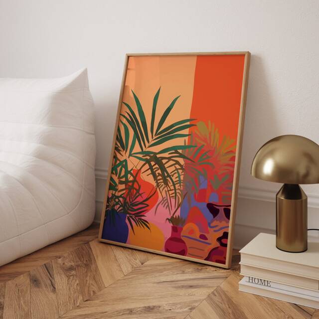 Retro Home Decor - Tropical Flowers Abstract Poster, Orange Wall Art Inspired By Henri Matisse - image 1
