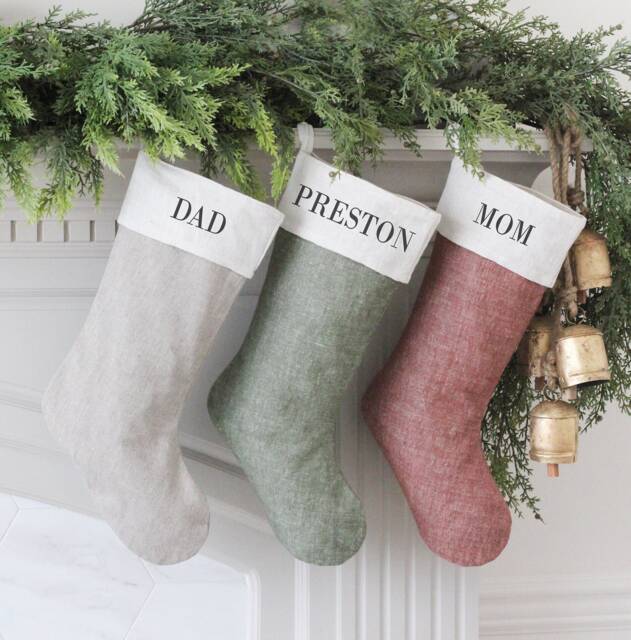 Personalized Linen Christmas Stocking - Neutral Customized Stockings Red Green Natural Greige White Black - image 1