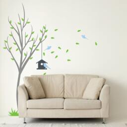 Tree With Bird House & Birds Wall Decal For Living Room Nature Sticker Vinyl Removable - thumbnail 1
