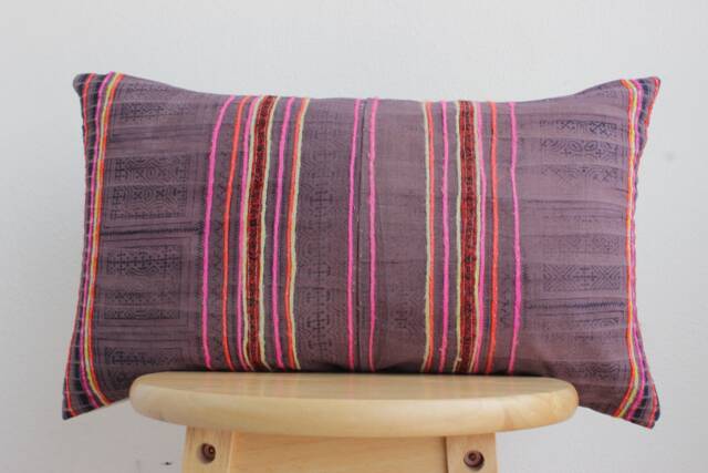 "Vintage Hmong Batik Pillow Cover Hand-Printed Embroidered Textile - 12"" X 20" - image 1