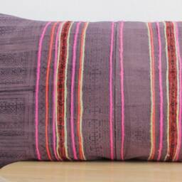 "Vintage Hmong Batik Pillow Cover Hand-Printed Embroidered Textile - 12"" X 20" - thumbnail 2