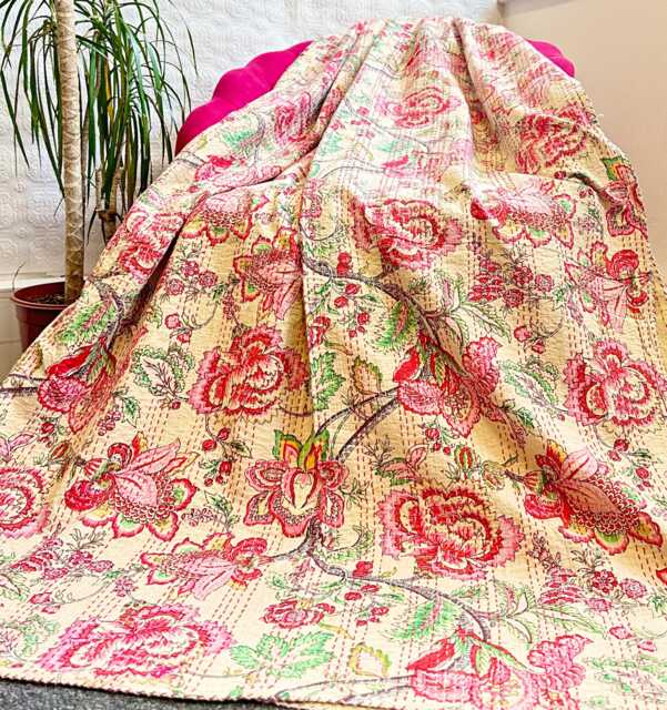 Kantha Stitch Pure Cotton Reversible Bed/Sofa Throw King Size Tropical Floral Handprinted Dohar Indian Blanket Pastel Earth Beige Rose Green - image 1