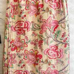 Kantha Stitch Pure Cotton Reversible Bed/Sofa Throw King Size Tropical Floral Handprinted Dohar Indian Blanket Pastel Earth Beige Rose Green - thumbnail 3