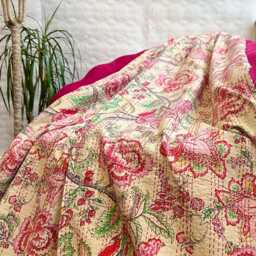 Kantha Stitch Pure Cotton Reversible Bed/Sofa Throw King Size Tropical Floral Handprinted Dohar Indian Blanket Pastel Earth Beige Rose Green - thumbnail 4