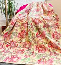 Kantha Stitch Pure Cotton Reversible Bed/Sofa Throw King Size Tropical Floral Handprinted Dohar Indian Blanket Pastel Earth Beige Rose Green - thumbnail 1
