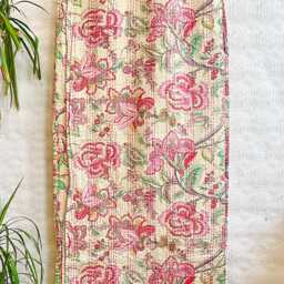 Kantha Stitch Pure Cotton Reversible Bed/Sofa Throw King Size Tropical Floral Handprinted Dohar Indian Blanket Pastel Earth Beige Rose Green - thumbnail 2