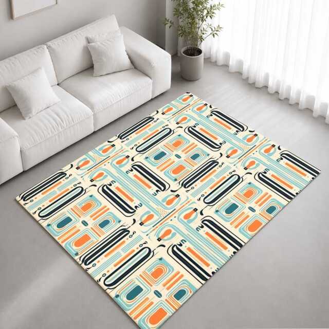 Cream Teal Retro Geometric Line Rug Non-Slip Soft Area Carpet Bedroom Living Room Hallway Mat Decor - Made in UK - image 1