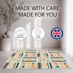 Cream Teal Retro Geometric Line Rug Non-Slip Soft Area Carpet Bedroom Living Room Hallway Mat Decor - Made in UK - thumbnail 2