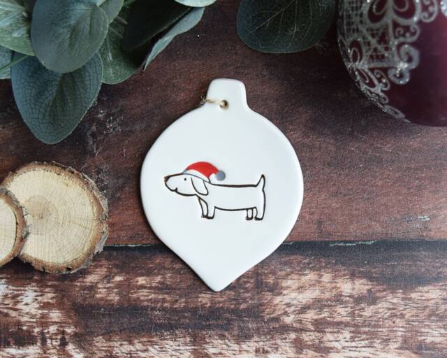 Dog With Santa Hat, Handmade Ceramic Christmas Tree Decoration, Xmas Gift For Lover, Decor, Present Fan - image 1