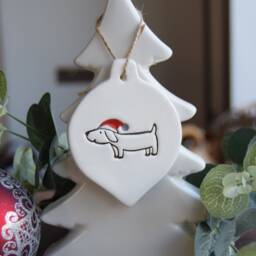 Dog With Santa Hat, Handmade Ceramic Christmas Tree Decoration, Xmas Gift For Lover, Decor, Present Fan - thumbnail 2