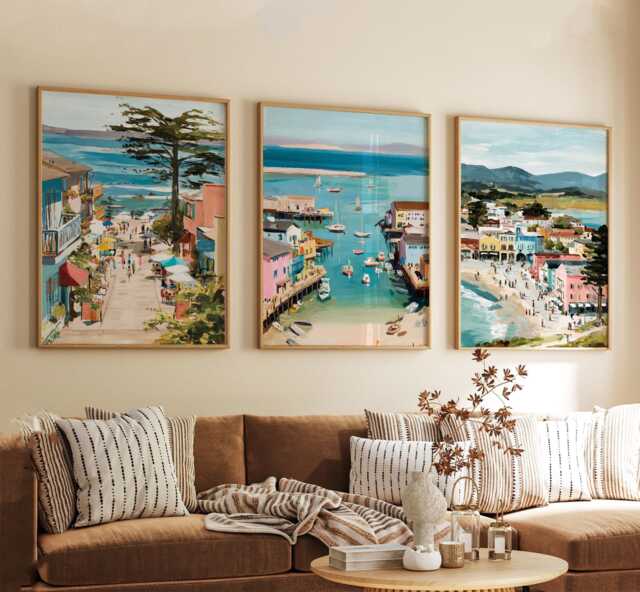 Monterey California Poster Set Of 3 Coastal Travel Wall Art Usa Ocean Bay Lighthouse Prints, Vintage Minimalist Style - image 1