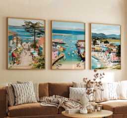 Monterey California Poster Set Of 3 Coastal Travel Wall Art Usa Ocean Bay Lighthouse Prints, Vintage Minimalist Style - thumbnail 1