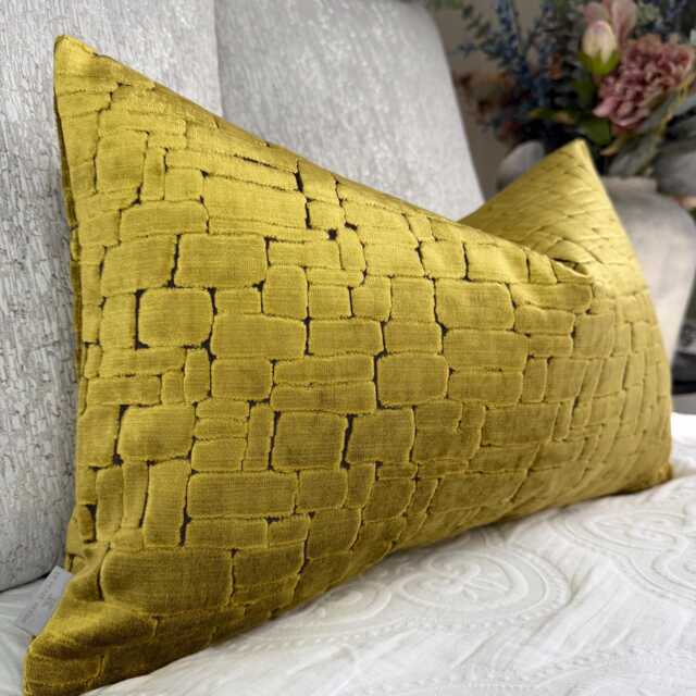 "Mustard Velvet Cushion Cover -Textured Sofa Pillow Case, Modern Living Room Decor, Designer Throw Lumbar Sham UK , 12"" X 20" - image 1
