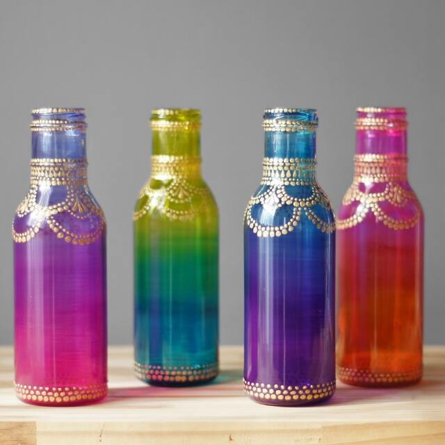 Hand Painted Henna Glass Vase Set - Bohemian Decor, Bud Vases - image 1