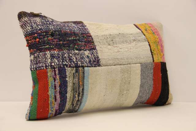 Vintage Turkish Kilim Pillow Cover, Patchwork Wool Lumbar - 12x20 In - image 1