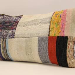 Vintage Turkish Kilim Pillow Cover, Patchwork Wool Lumbar - 12x20 In - thumbnail 3