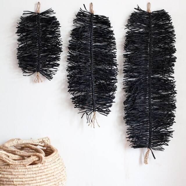 Black Raffia Leaf Wall Hanging - Minimalist Wabi Sabi Style Decoration - image 1