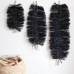 Black Raffia Leaf Wall Hanging - Minimalist Wabi Sabi Style Decoration - thumbnail 1