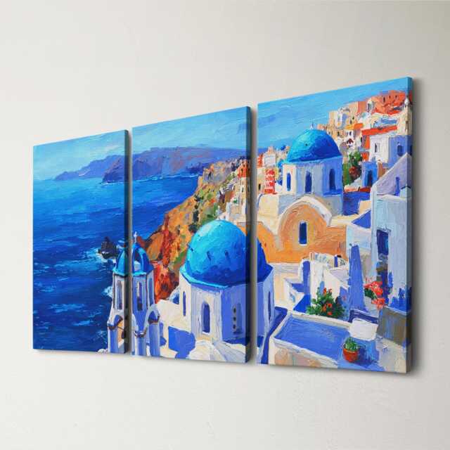 Santorini Greece Cliffside 3 Panel Split Canvas Wall Art Summers Day Summer Cityscape Oil Painting Framed Home Decor - image 1