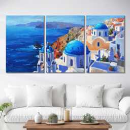 Santorini Greece Cliffside 3 Panel Split Canvas Wall Art Summers Day Summer Cityscape Oil Painting Framed Home Decor - thumbnail 2