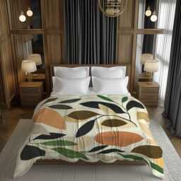 Earth Tone Boho Leaves Comforter in Beige, Brown & Green For Rustic Bedrooms #175