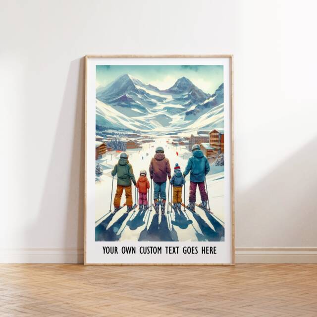 Custom Family Ski Print - Personalised Poster - Wall Art Skiing Gift Of 5 Snowboard Artwork Decor - image 1